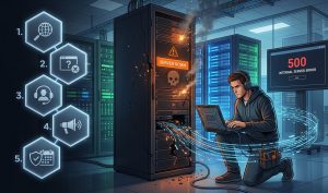 Tech kneels with a laptop beside a smoking, cracked server labeled Server Down as a 500 error screen glows nearby in a data center.